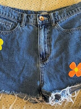 Blue Denim Jean Shorts with Floral Appliqués
